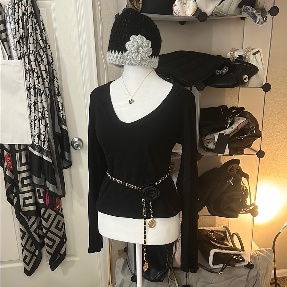 Black Camellia Flower with Gold Chain Belt